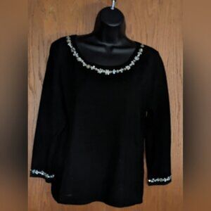 Women's Pointelle Silk/Viscose Blend Bedazzled Black Top, Classic, Event,‎ Sz L
